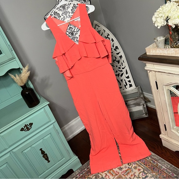 Trina Turk Cold Shoulder Ruffle Trouser Josephine Coral Jumpsuit Size 12 NWT - Picture 2 of 16